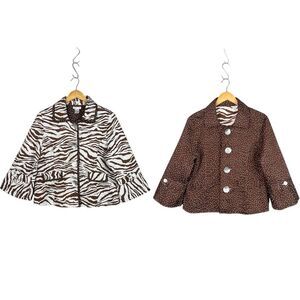 Patty Kim Reversible Quilted Jacket M Brown Animal Print Polka Dot 3/4 Sleeve